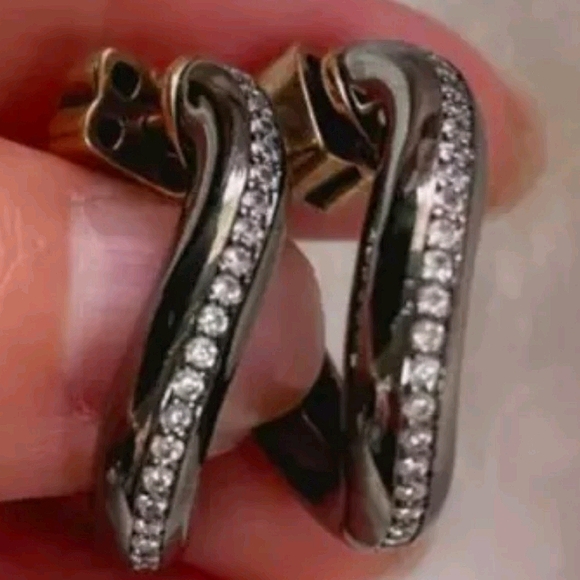 Curvy Pave Crystal Gunmetal Black Hoop Earrings - Picture 5 of 6